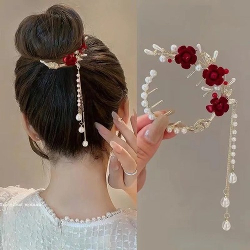 Pearl tassel rose flower hair - pearl,